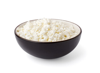 Bowl with tasty cottage cheese on white background