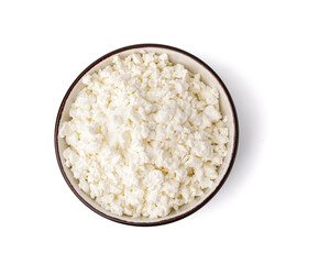 Bowl with tasty cottage cheese on white background