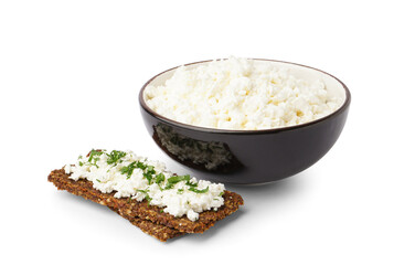 Bowl with tasty cottage cheese and rye bread on white background