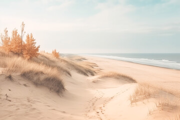 Fototapeta na wymiar Calm beach landscape in pastel colors. Serene scene resembling minimalistic painting in light pastel tones. AI generated image