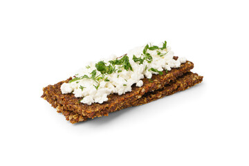 Tasty cottage cheese and rye bread on white background