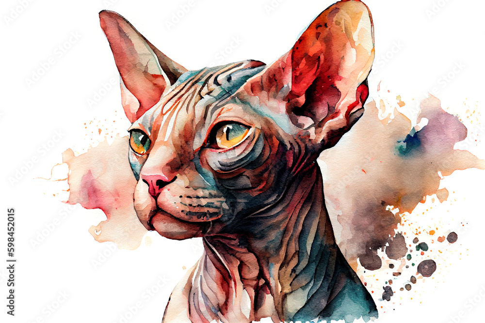 Wall mural Portrait of a Sphynx cat. Watercolor realistic illustration on a white background. Pet animals images. Generative AI.