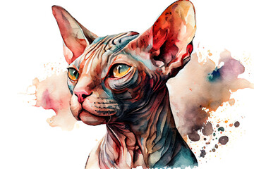 Portrait of a Sphynx cat. Watercolor realistic illustration on a white background. Pet animals images. Generative AI.