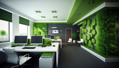 Green office with green wall and plant. Generative AI