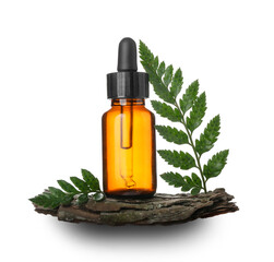 Bottle of cosmetic oil with plant twig and tree bark on white background