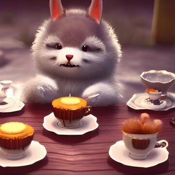 Cute Baby Bunny Having a Tea Party- AI Generated