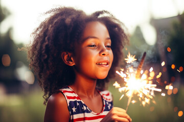 Happy child with sparkler celebrating the 4th of July, Independence Day, Memorial Day. Generative AI - obrazy, fototapety, plakaty