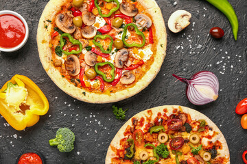 Vegetables pizzas with ingredients and sauces on dark background