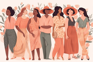 Happy women group or International Women’s day, watercolor style. Generative AI