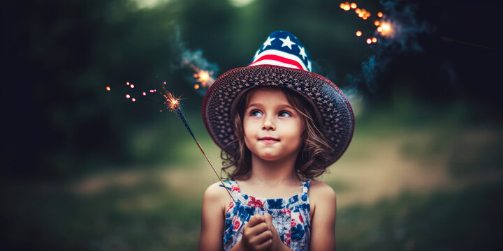 Happy child with sparkler celebrating the 4th of July, Independence Day, Memorial Day. Generative AI