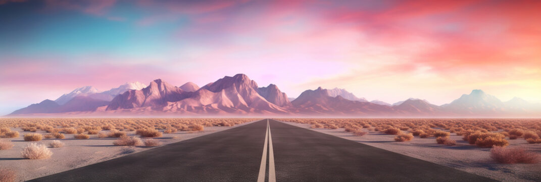 Road to horizon in desert landscape on sunset. Travel concept. Generative AI