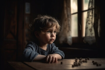 Fototapeta na wymiar young boy child kid alone, sad or thoughtful face expression. Generative AI