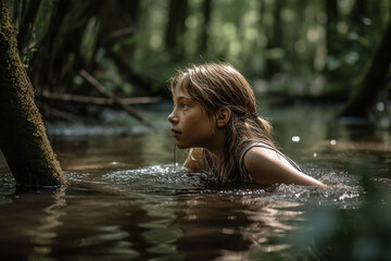 child, girl swims in nature in a river or body of water in or at a forest,. Generative AI