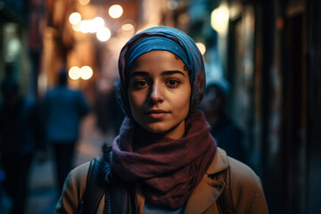 young adult woman female with head scarf in a old town, smiling happy leisure time in a side street, locals, fictional place. Generative AI