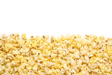 Obraz na płótnie Canvas Crispy popcorn on white background, closeup