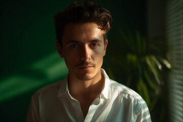 young adult man portrait green background. Generative AI