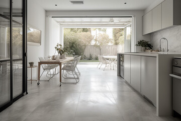 Clean gray marble tile floor in contemporary design kitchen with dining table, panel folding door partition. Generative AI