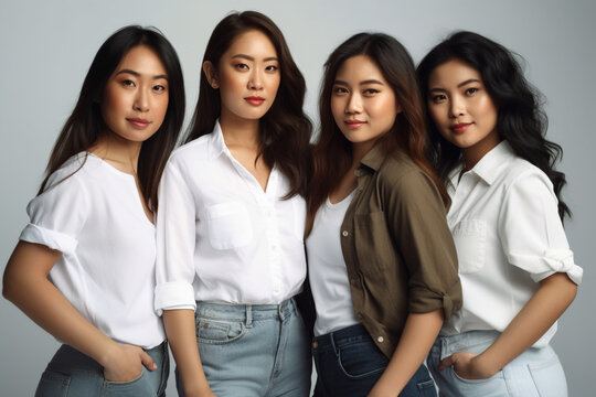 a group of young adult women in a row next to each other, group photo front view. Generative AI