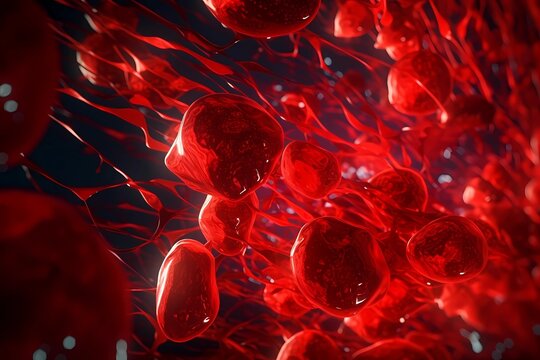 Red blood cells in microscopic shot. Macro of the flow inside body blood vessels that bring oxygen to the heart. scientific medical human health-care and microbiological concept. Generative AI
