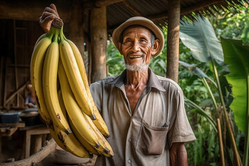 a proud farmer shows a enormous banana, abstract. Generative AI