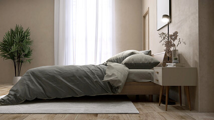 Modern, luxury beige bedroom with wooden bed, gray blanket and pillow, bedside table, black floor...