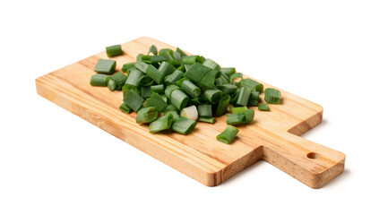 Wooden board with fresh cut green onion on white background