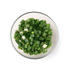 Bowl with fresh cut green onion on white background