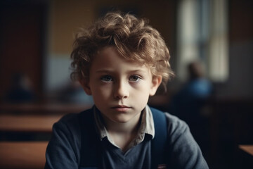 young boy child kid alone, sad or thoughtful face expression. Generative AI