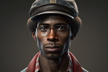 Working class afro American man in working clothes, fictitious person. AI generated image