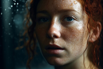 Fototapeta na wymiar a woman with red hair, water drops, close-up intensity. Generative AI