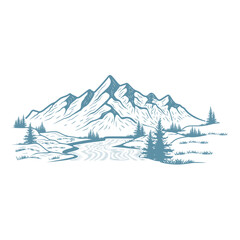hand drawn mountain design. illustration of mountains and pine trees.