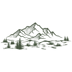 black and white line art of mountains and pine trees, landscape outdoor scene vector illustration