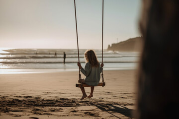 toddler girl alone on a swing at the beach. Generative AI