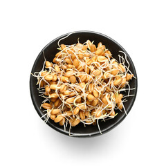 Bowl with sprouted wheat on white background