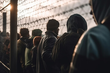 a high border fence with refugees, fictional place and people. Generative AI