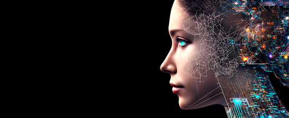 Portrait of female humanoid bioluminescent robot . Android face. Synthetic life. Generative AI