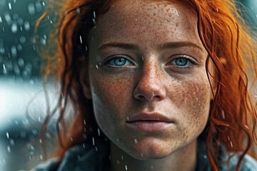 a woman with red hair, water drops, close-up intensity. Generative AI