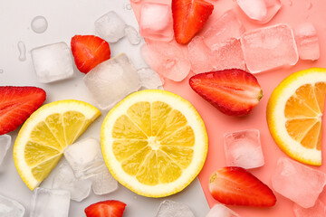 Sliced fresh strawberry with lemon and ice on color background