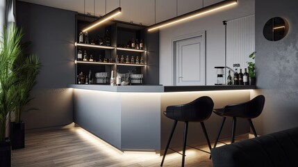 Fototapeta na wymiar Minimalist home bar with a sleek design and modern lighting, generative ai