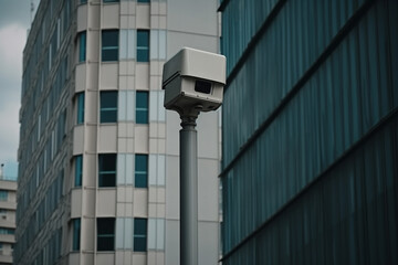Obraz premium Security camera on modern building. Professional surveillance cameras. CCTV on the wall in the city. Generative AI