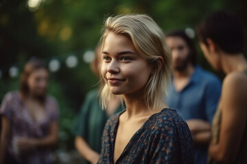 young adult woman outdoors with friends or family in garden, joy and fun. Generative AI