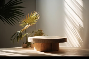 Naklejka na ściany i meble minimal, natural log wood podium table in sunlight, palm leaf shadow in blank cream white wall, natural lighting. Generative AI