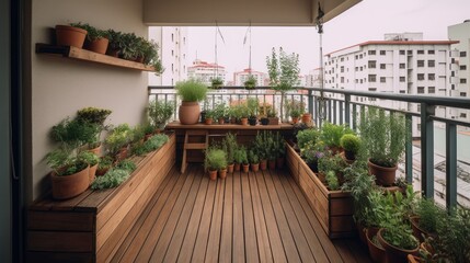 Minimalist balcony garden with potted plants and a simple layout, generative ai