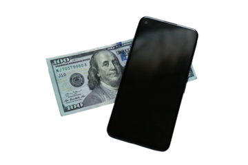 mobile phone on hundred dollar bill us currency isolated cutout close up macro white background (pay, payment with cell phone concept)