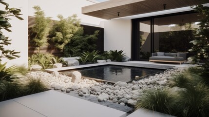 Fototapeta premium Minimalist courtyard with a sleek water feature and native plants. generative ai