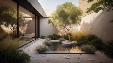 Minimalist courtyard with a sleek water feature and native plants. generative ai