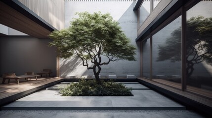 Minimalist courtyard with a zen garden and simple seating, generative ai