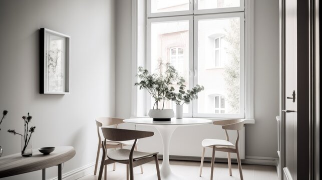 Minimalist breakfast nook with a simple round table and chairs, generative ai