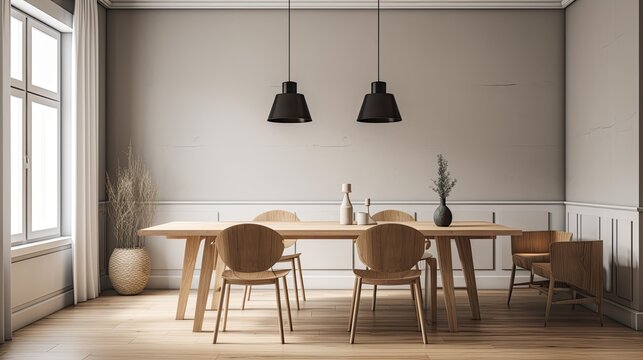 Minimalist dining room with a clean design and minimalist lighting, generative ai