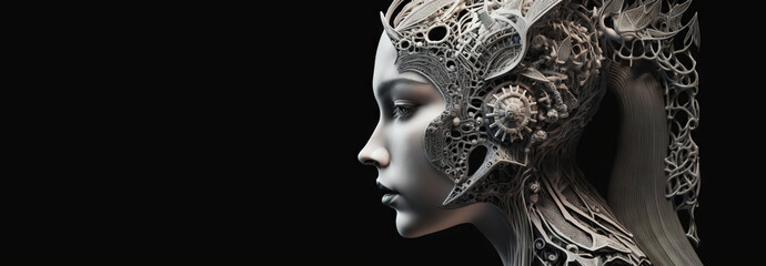 Portrait of female humanoid robot made of white plastic and glass. Android face. Synthetic life. Generative AI